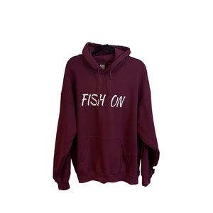 New Gildan heavy hoodie puff embroidered “fish on” XL burgundy white lettering